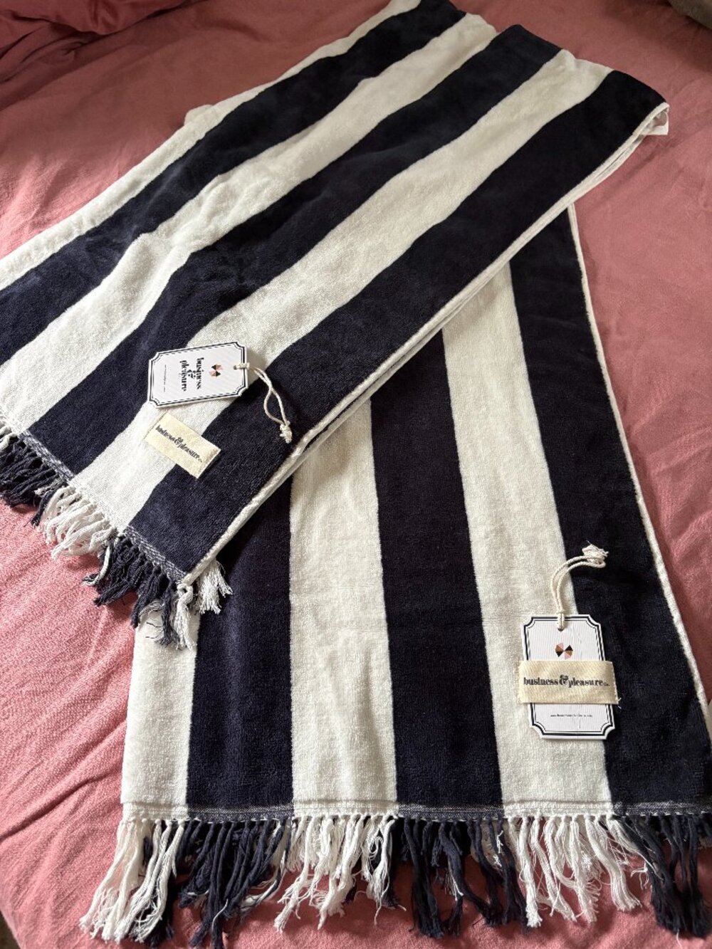 2 Business and Pleasure Holiday Navy and White Striped Beach Towels NEW